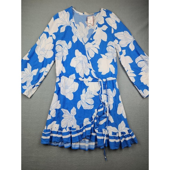 Ocean Drive Dresses & Skirts - Ocean Drive Dress Womens Medium Blue Floral Wrap V Neck 3/4 Sleeve Ruffle Mini